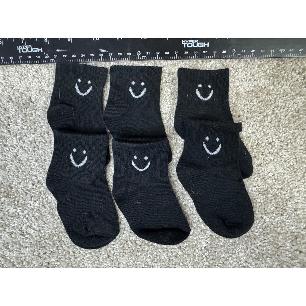 Infant Toddler Black Smiley Face Ankle Socks 3 Pair Set Knit Ribbed
